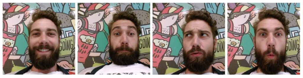 Vier Selfies von Chris mit unterschiedlichen Gesichtsausdrücken: lachend, überrascht, skeptisch und erstaunt