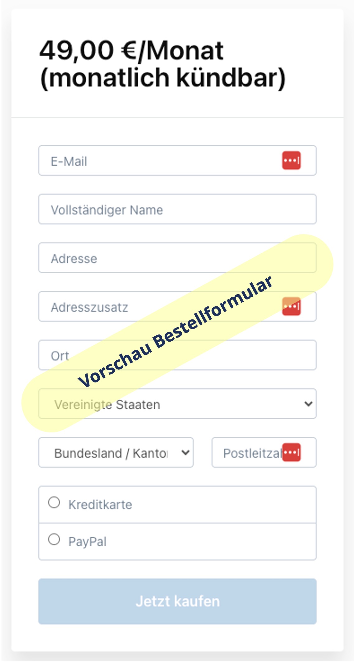 Übersicht des Bestellformulars für das Fitness-Studio für Projektleitende.