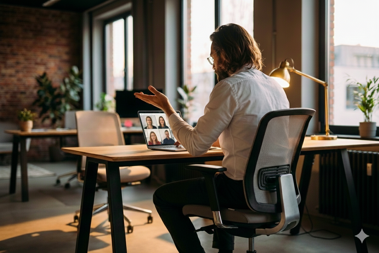 Ein Projektleiter sitzt in einem modernen Büro am Schreibtisch und hat einen Video Call.